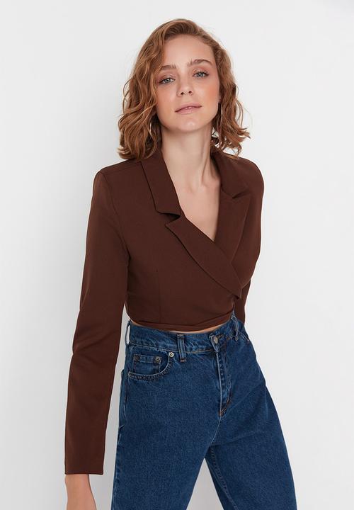 Trendyol - Crop weave lined double breasted closeup blazer jacket - brown