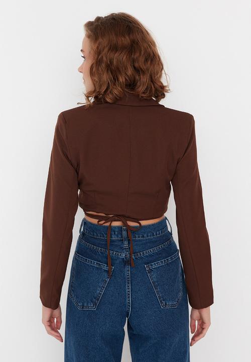 Trendyol - Crop weave lined double breasted closeup blazer jacket - brown