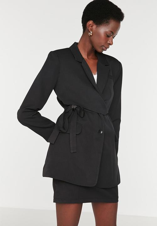 Trendyol - Belted Regular Lined Double Breasted Closure Woven Blazer Jacket - Black