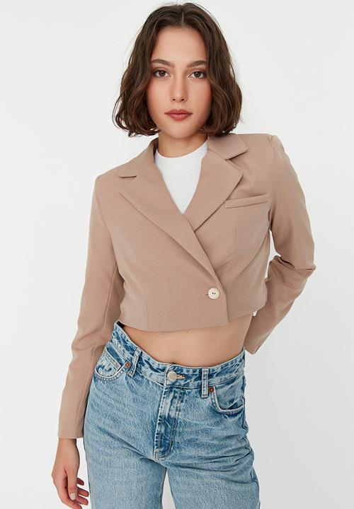 Trendyol - Crop Blazer Jacket With Woven Lining - Camel