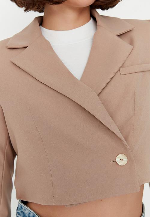 Trendyol - Crop Blazer Jacket With Woven Lining - Camel