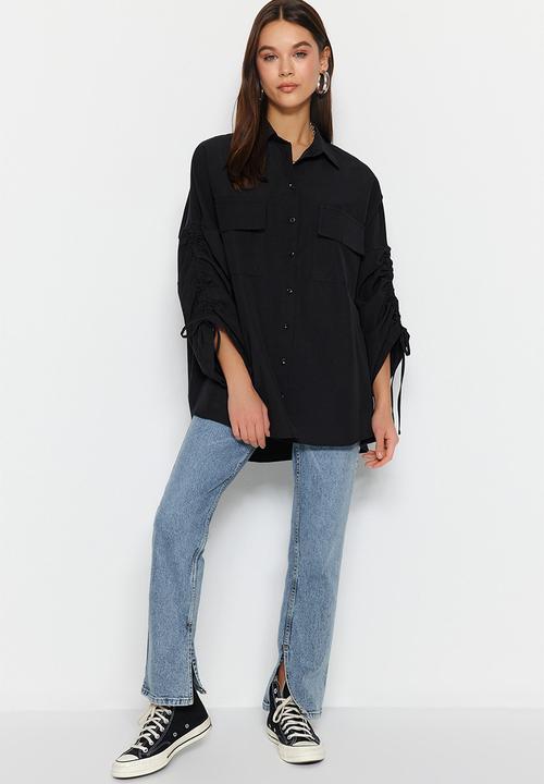 Trendyol - Adjustable shirring sleeves, woven cotton shirt - black