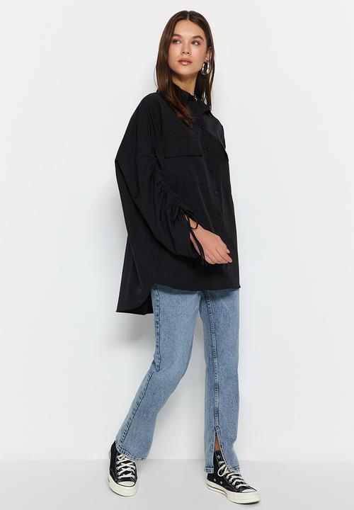 Trendyol - Adjustable shirring sleeves, woven cotton shirt - black
