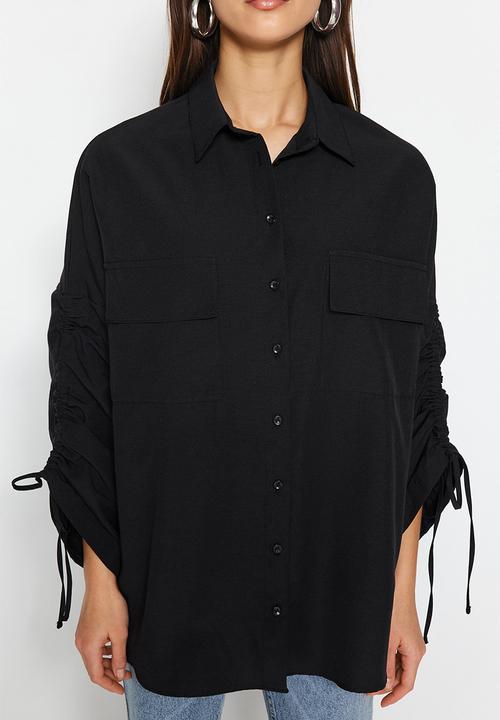 Trendyol - Adjustable shirring sleeves, woven cotton shirt - black