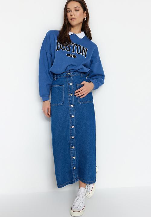 Trendyol - Double Pocket High Waist Denim Jeans Skirt - Dark Indigo