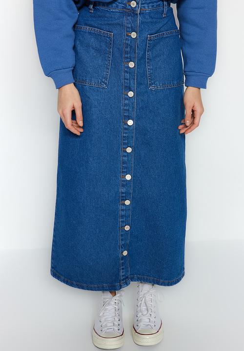 Trendyol - Double Pocket High Waist Denim Jeans Skirt - Dark Indigo