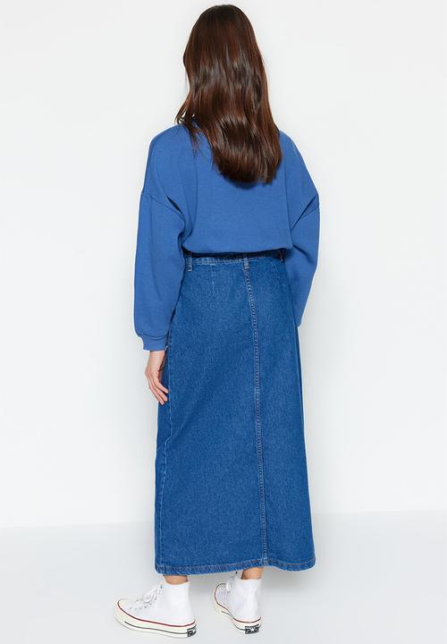 Trendyol - Double Pocket High Waist Denim Jeans Skirt - Dark Indigo