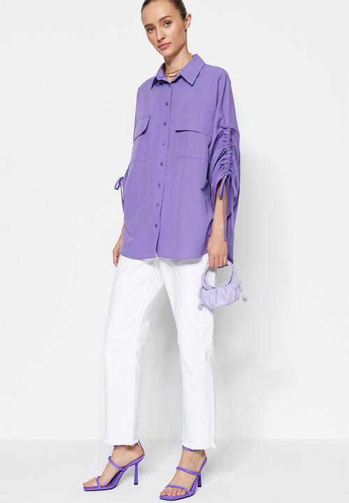 Trendyol - Adjustable Shirring Sleeves Woven Cotton Shirt - Purple