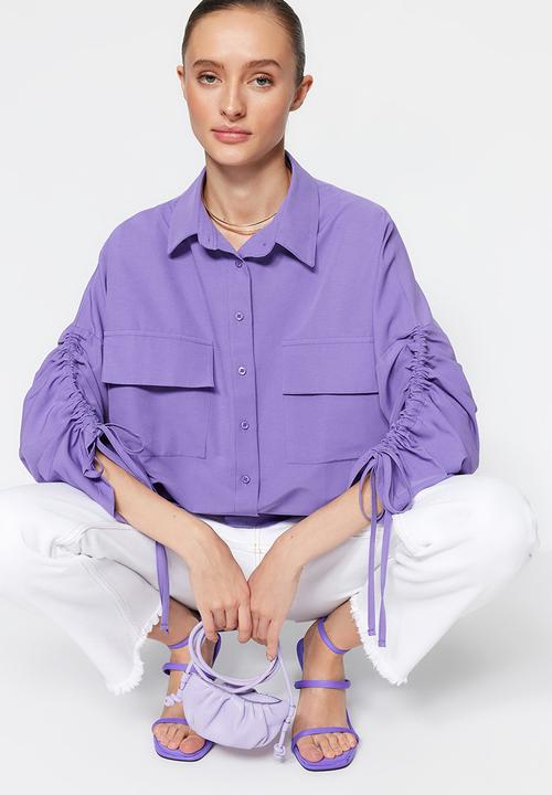 Trendyol - Adjustable Shirring Sleeves Woven Cotton Shirt - Purple