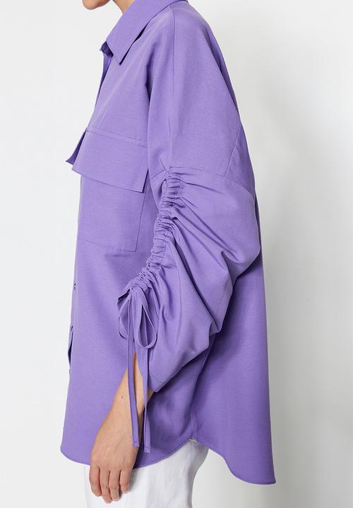 Trendyol - Adjustable Shirring Sleeves Woven Cotton Shirt - Purple