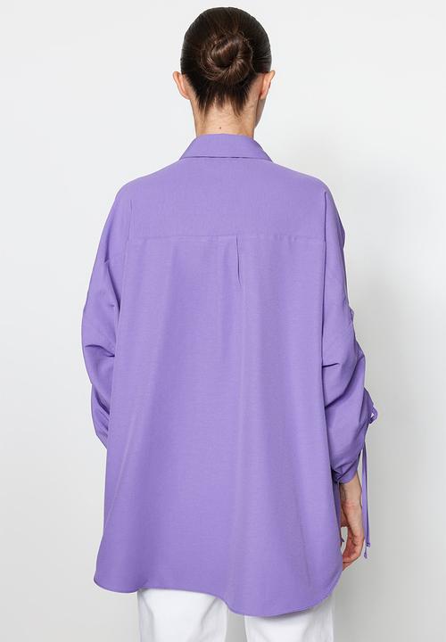 Trendyol - Adjustable Shirring Sleeves Woven Cotton Shirt - Purple