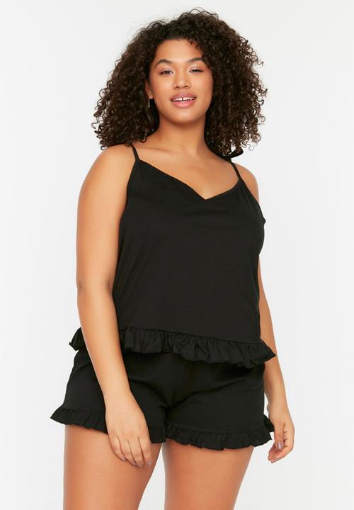 Trendyol - Plus Hanger Knitted Ruffle Detailed Pajamas Set - Black