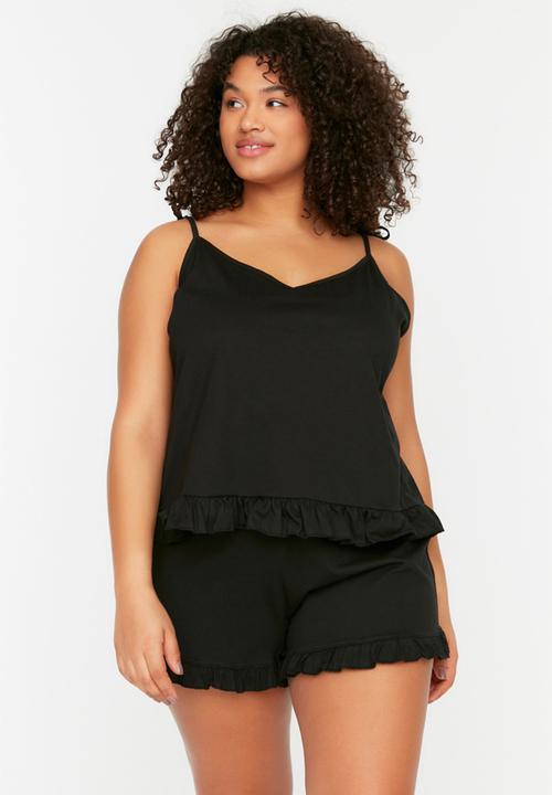 Trendyol - Plus Hanger Knitted Ruffle Detailed Pajamas Set - Black