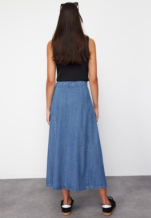 Trendyol - High Waist Midi Modest Denim Skirt - Dark Blue