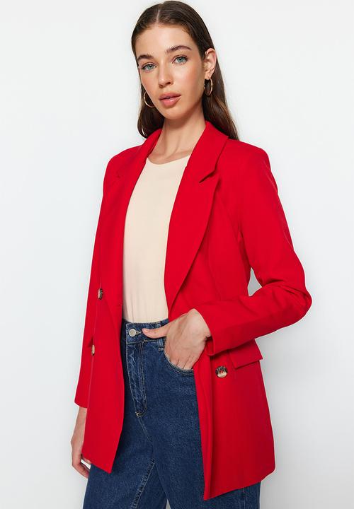 Trendyol - Oversize Lined Double Breasted Closure Woven Blazer Jacket - Dark Red