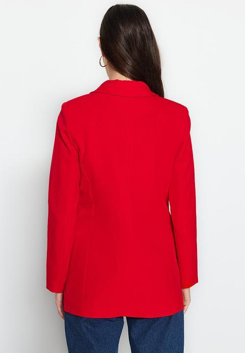 Trendyol - Oversize Lined Double Breasted Closure Woven Blazer Jacket - Dark Red