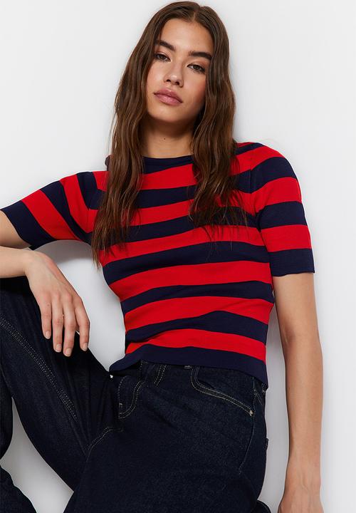 Trendyol - Color Block Blouse - Navy Blue & Red 