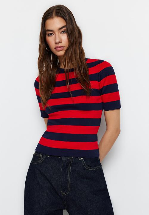 Trendyol - Color Block Blouse - Navy Blue & Red 