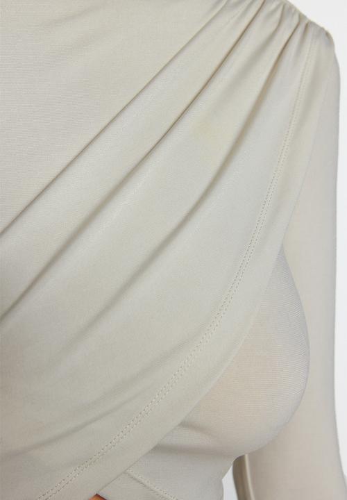 Trendyol - Stand Collar Draped Crop Blouse - Light Stone