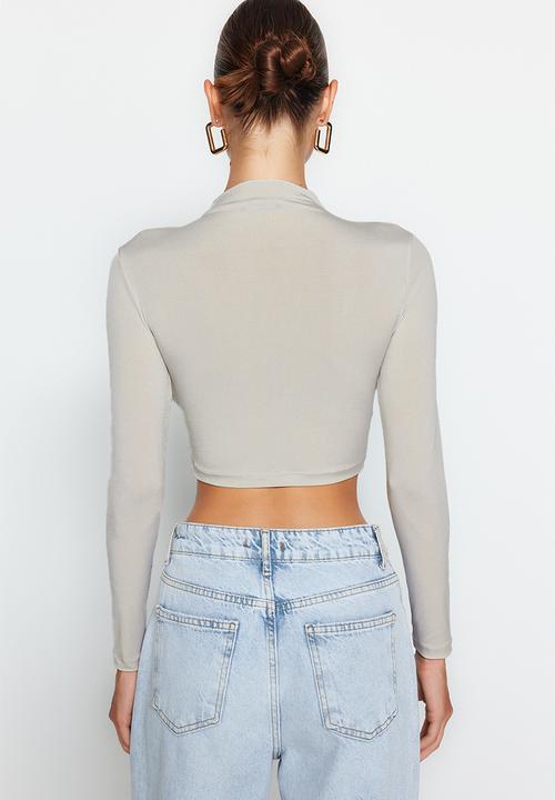 Trendyol - Stand Collar Draped Crop Blouse - Light Stone