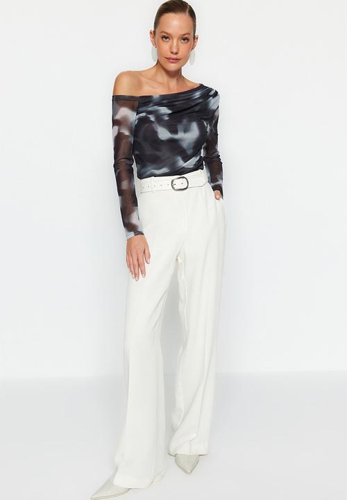 Trendyol - Tulle lined asymmetrical collar blouse - anthracite