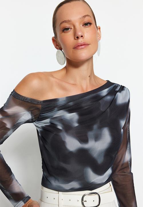Trendyol - Tulle lined asymmetrical collar blouse - anthracite