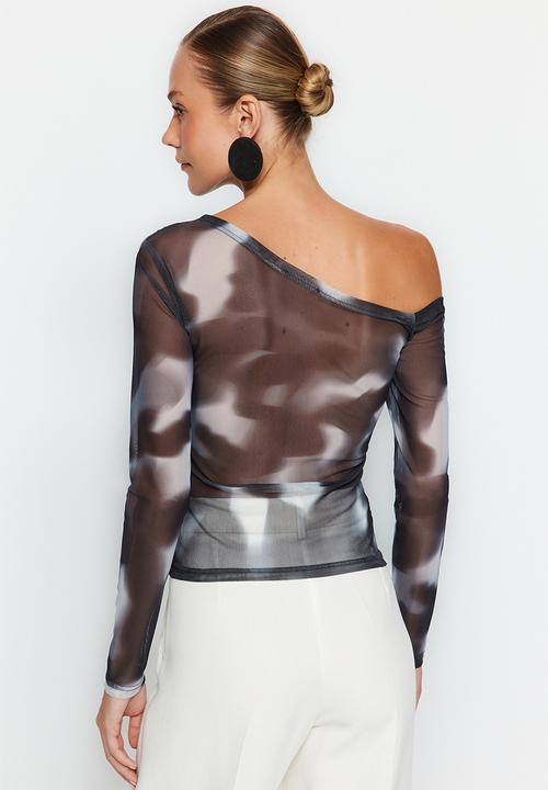 Trendyol - Tulle lined asymmetrical collar blouse - anthracite