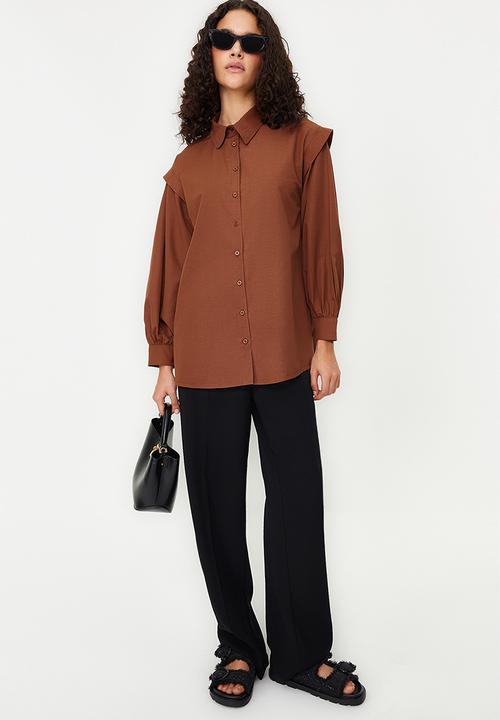 Trendyol - Balloon Sleeve Cotton Woven Shirt - Dark Brown