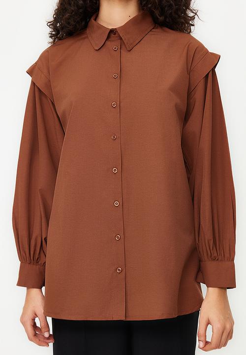 Trendyol - Balloon Sleeve Cotton Woven Shirt - Dark Brown