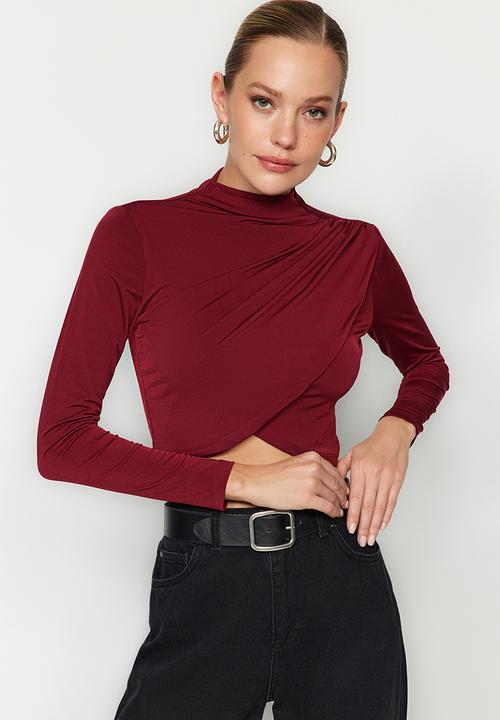 Trendyol - Stand-up collar draped crop blouse - burgundy