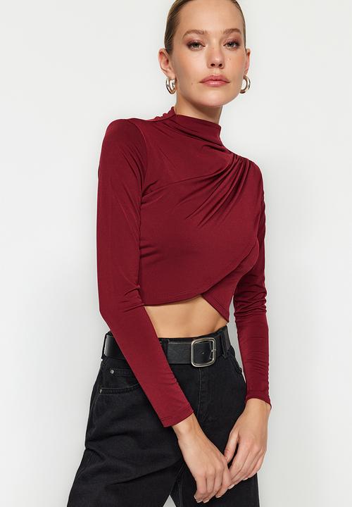 Trendyol - Stand-up collar draped crop blouse - burgundy