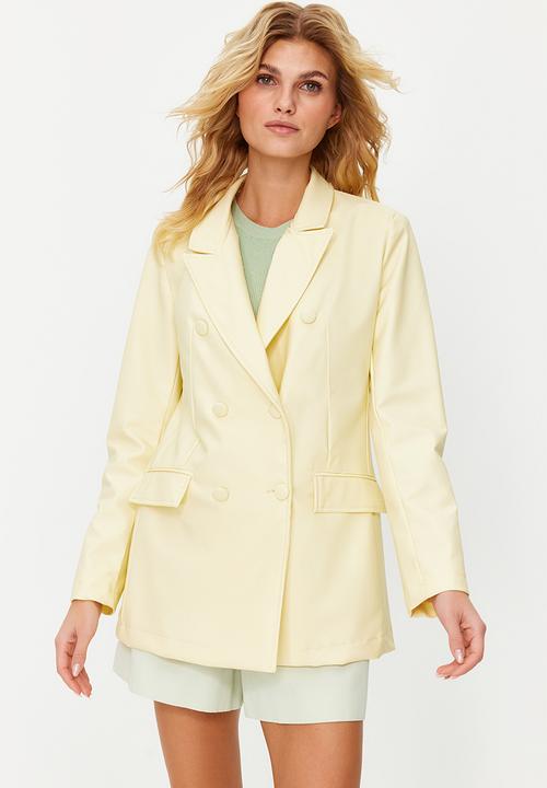 Trendyol - Double Breasted Closure Woven Lined Faux Leather Blazer Jacket - Light Yellow