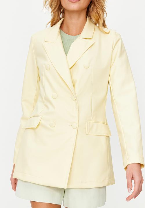 Trendyol - Double Breasted Closure Woven Lined Faux Leather Blazer Jacket - Light Yellow