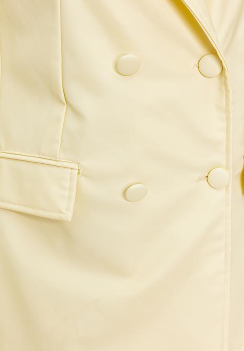 Trendyol - Double Breasted Closure Woven Lined Faux Leather Blazer Jacket - Light Yellow