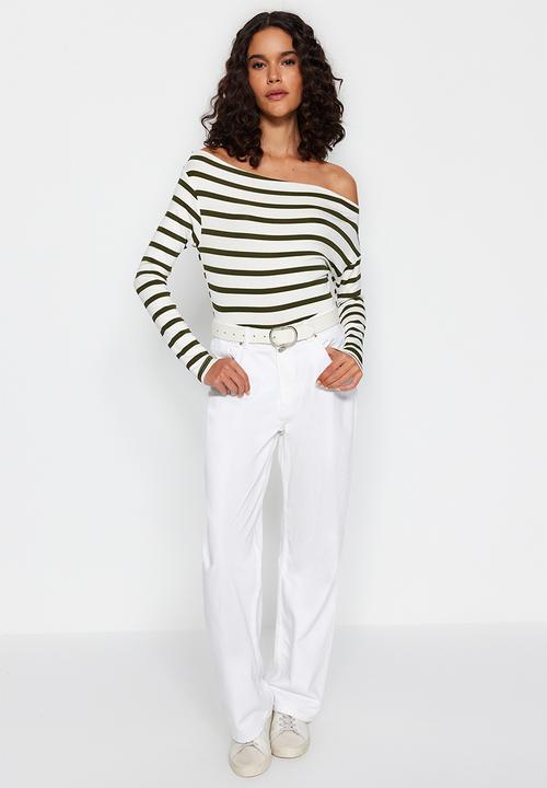 Trendyol - Striped premium soft fabric fitted boat neck flexible blouse - khaki