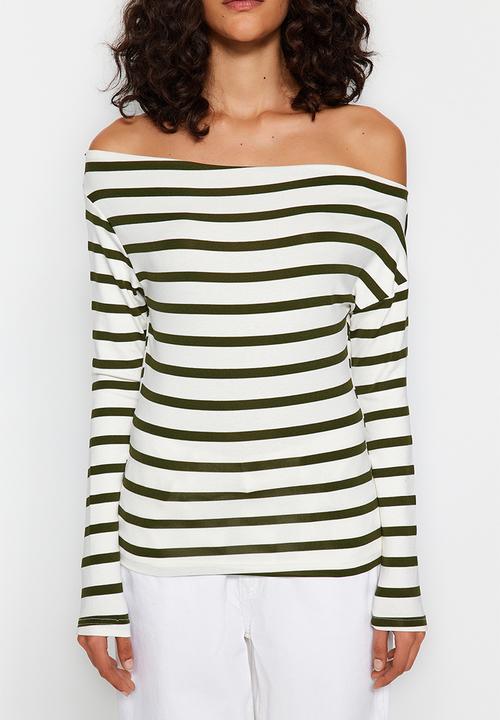 Trendyol - Striped premium soft fabric fitted boat neck flexible blouse - khaki