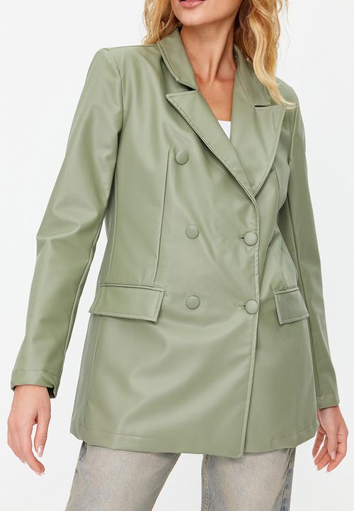 Trendyol - Double Breasted Closure Woven Lined Faux Leather Blazer Jacket - Mint