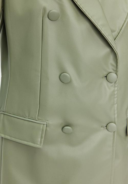 Trendyol - Double Breasted Closure Woven Lined Faux Leather Blazer Jacket - Mint