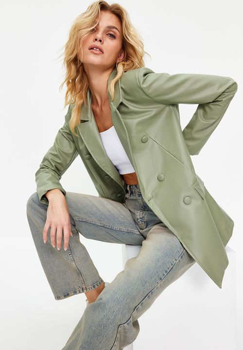 Trendyol - Double Breasted Closure Woven Lined Faux Leather Blazer Jacket - Mint