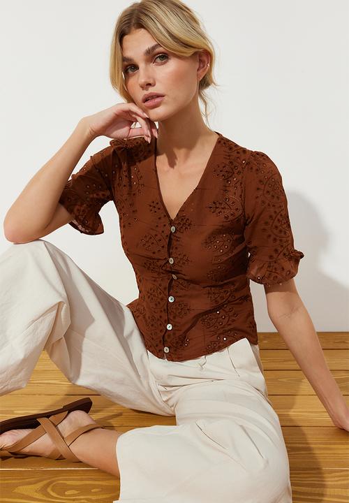 Trendyol - Embroidered Buttoned Woven Blouse - Brown