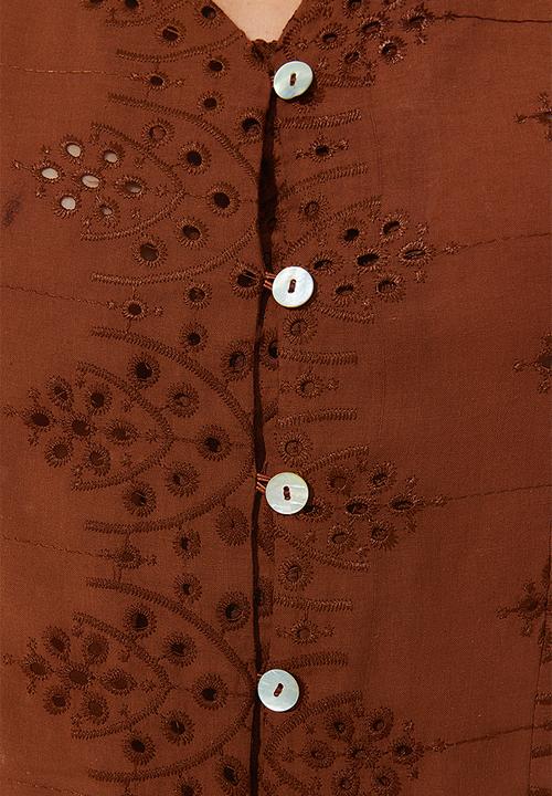 Trendyol - Embroidered Buttoned Woven Blouse - Brown