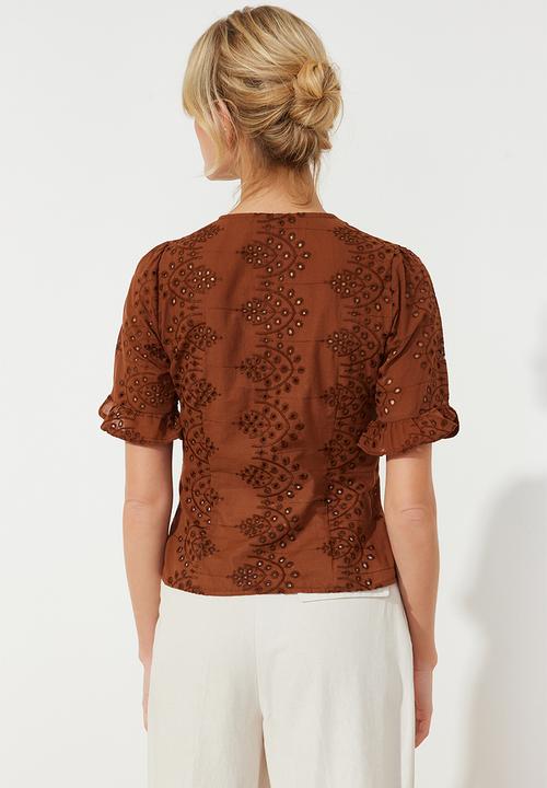 Trendyol - Embroidered Buttoned Woven Blouse - Brown