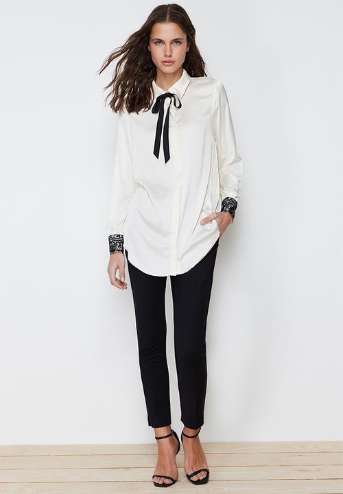 Trendyol - Collar Bow and Lace Detailed Satin Woven Shirt - Stone
