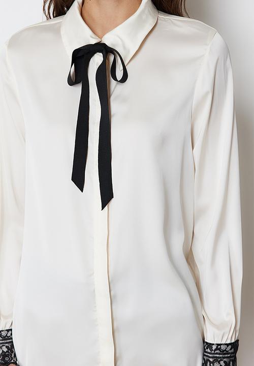 Trendyol - Collar Bow and Lace Detailed Satin Woven Shirt - Stone