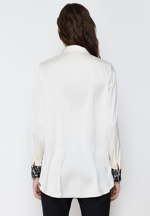 Trendyol - Collar Bow and Lace Detailed Satin Woven Shirt - Stone