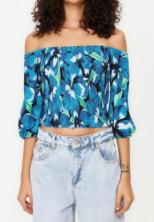 Trendyol - Gimped carmen collar three quarter texture knitted blouse - indigo
