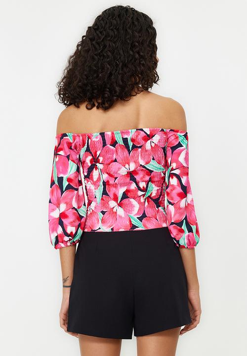 Trendyol - Printed Gimped Carmen Collar Three Quarter Sleeve Crepe/Texture Knitted Blouse - Pink