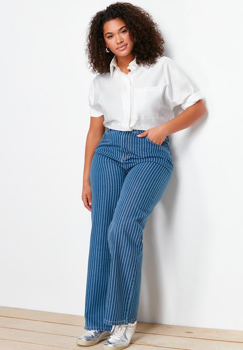 Trendyol - Plus Striped Wide Cut Jeans - Dark Blue