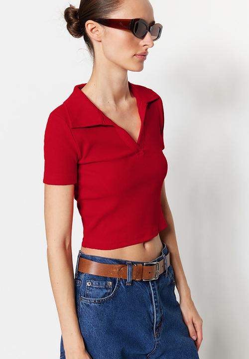 Trendyol - Fitted/situated crop polo neck ribbed stretch knit blouse - orange