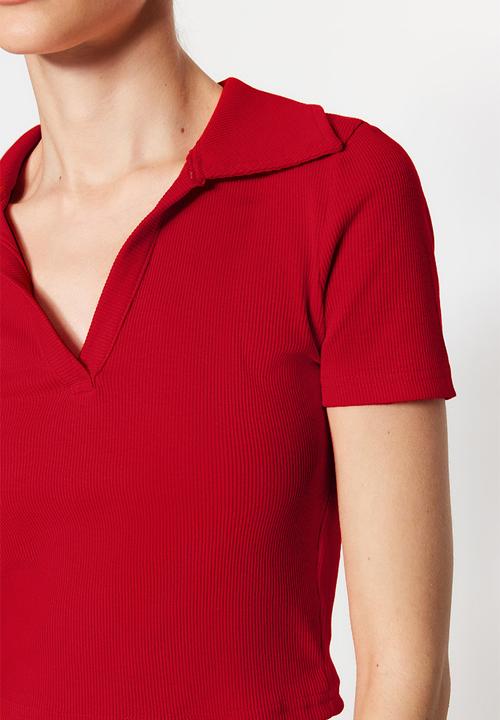 Trendyol - Fitted/situated crop polo neck ribbed stretch knit blouse - orange